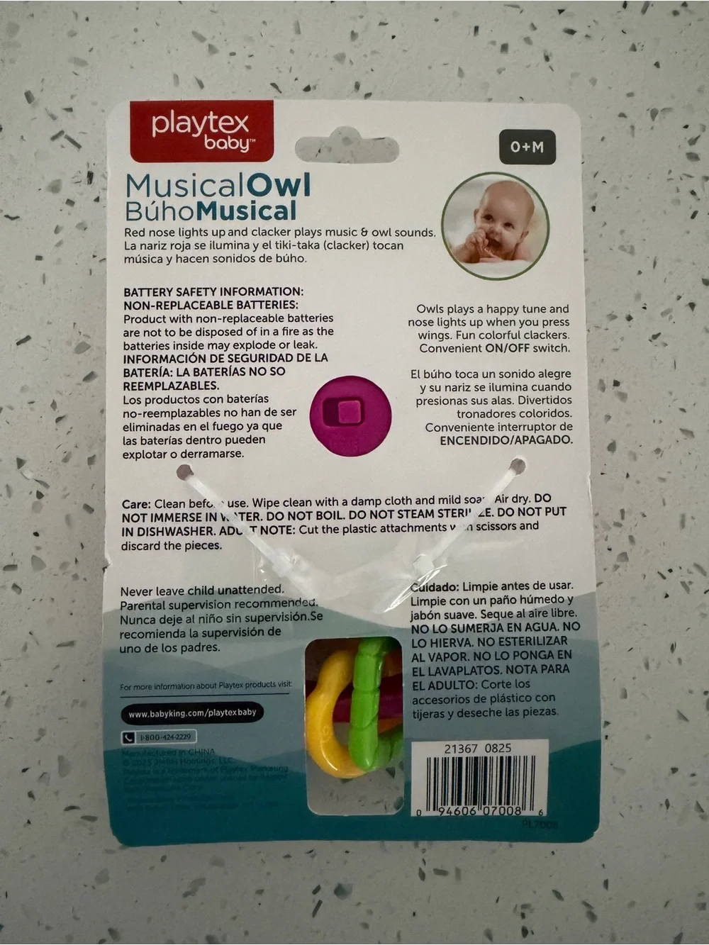 Playtex Baby Musical Owl Rattle Toy - Pink with Yellow & Green Rings